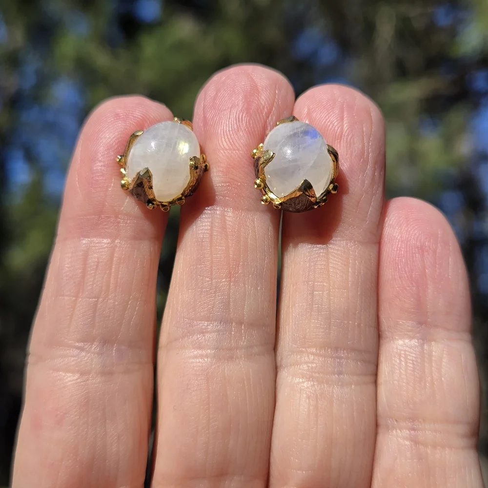Moonstone Sterling Rhodium & Gold Earrings - Picture 1 of 8